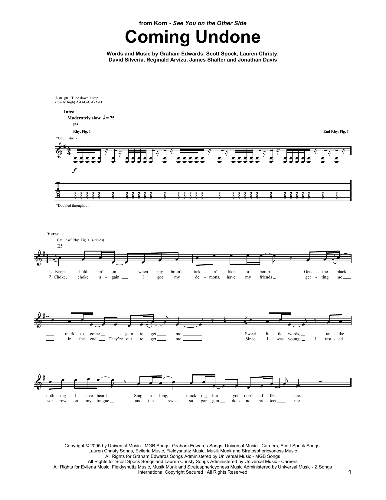 Korn Coming Undone Sheet Music
