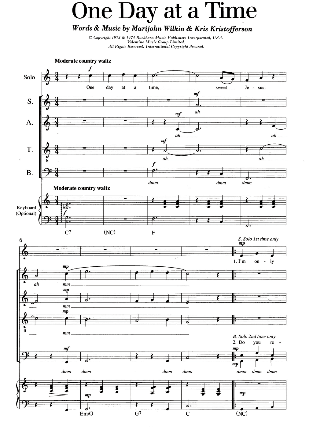 Kris Kristofferson One Day At A Time Sheet Music
