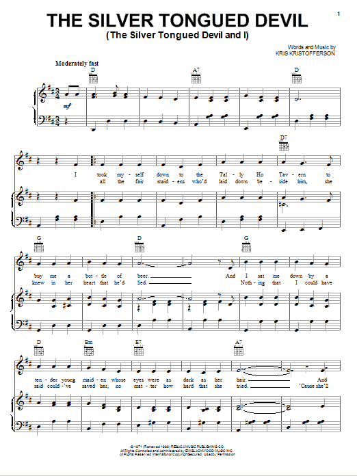 Kris Kristofferson The Silver Tongued Devil (The Silver Tongued Devil And I) Sheet Music