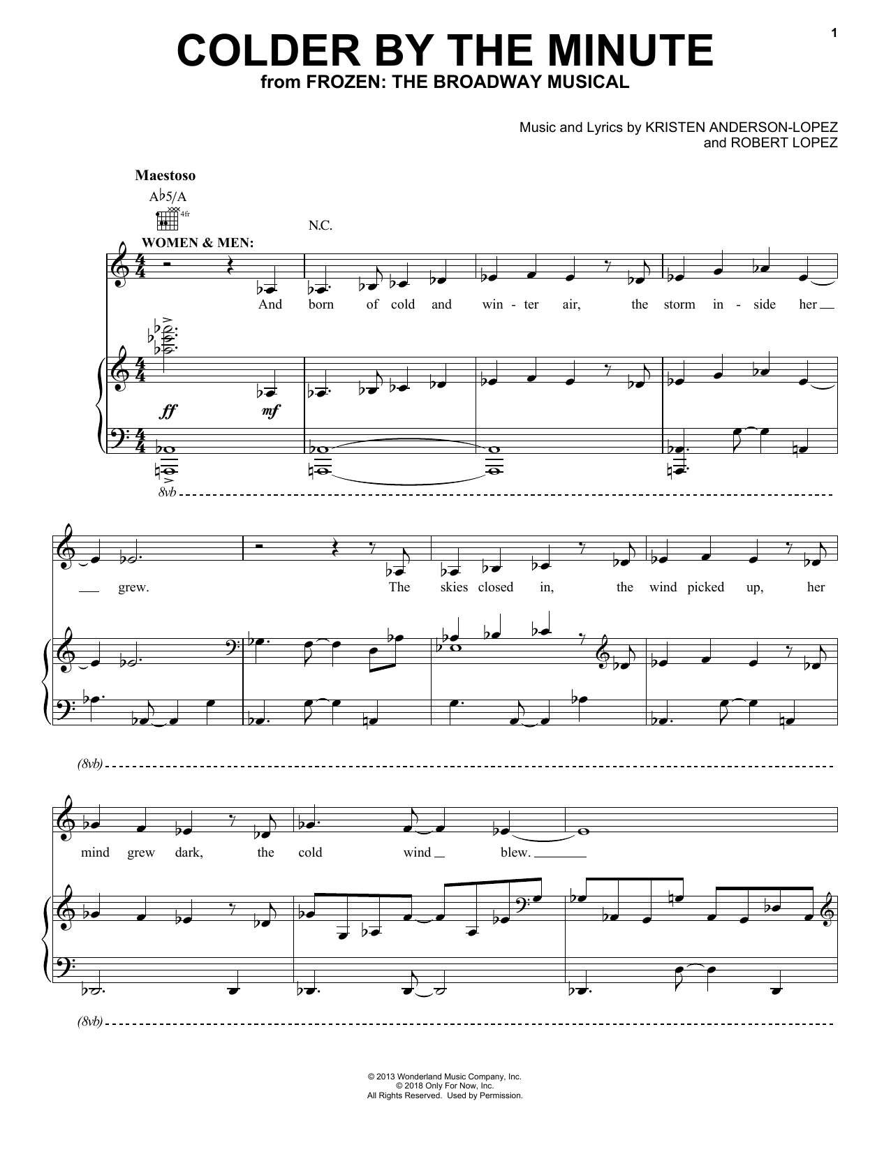Kristen Anderson-Lopez & Robert Lopez Colder By The Minute (from Frozen: The Broadway Musical) Sheet Music