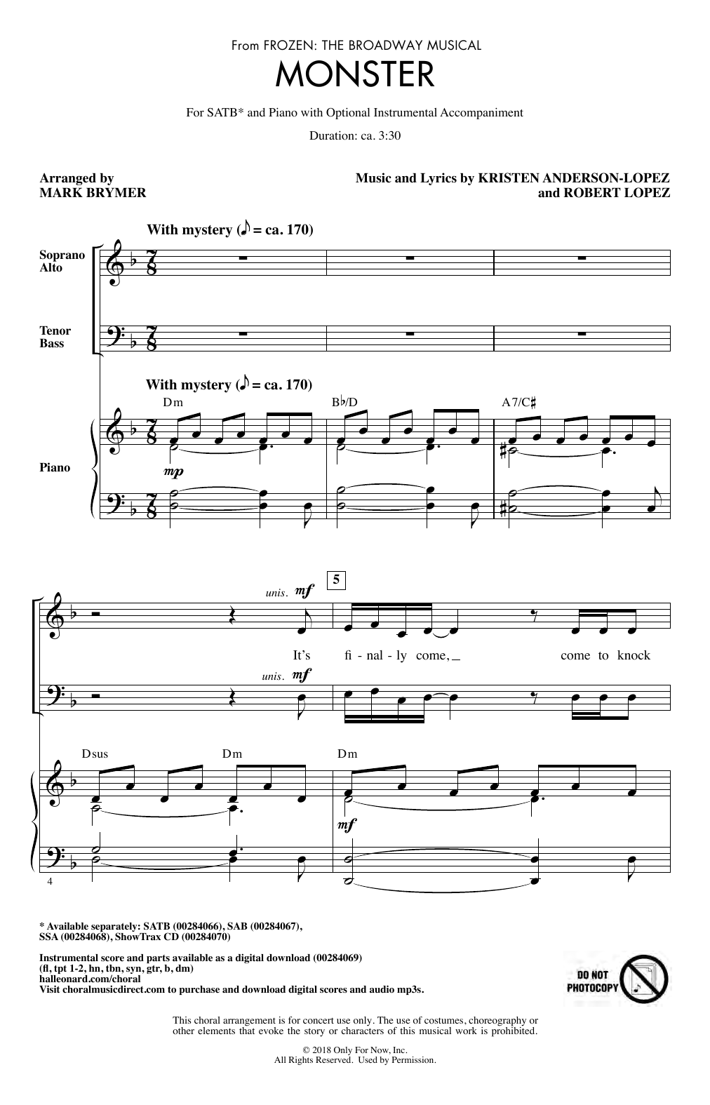 Kristen Anderson-Lopez & Robert Lopez Monster (from Frozen: The Broadway Musical) (arr. Mark Brymer) Sheet Music