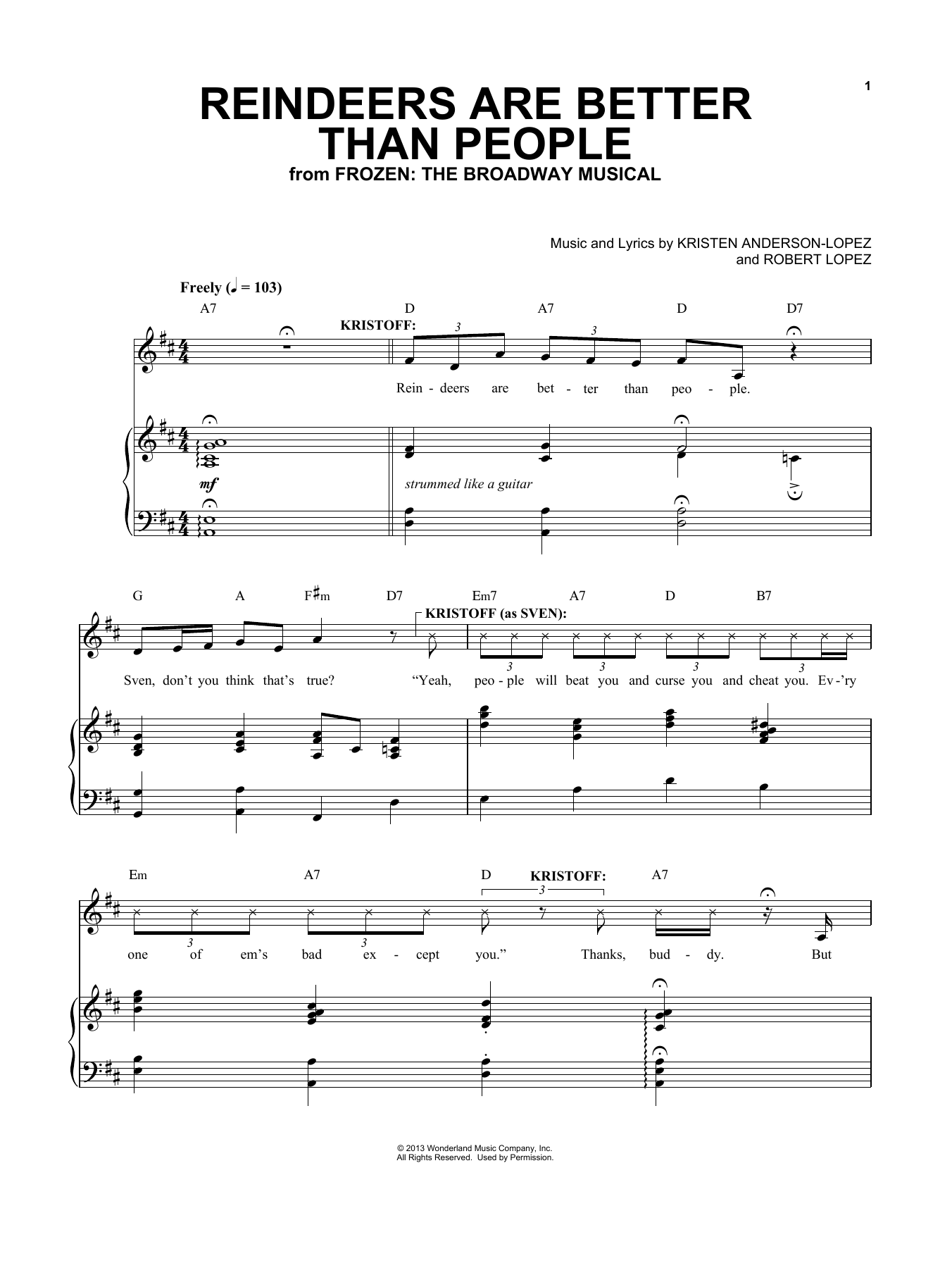 Kristen Anderson-Lopez & Robert Lopez Reindeer(s) Are Better Than People (from Frozen: The Broadway Musical) Sheet Music