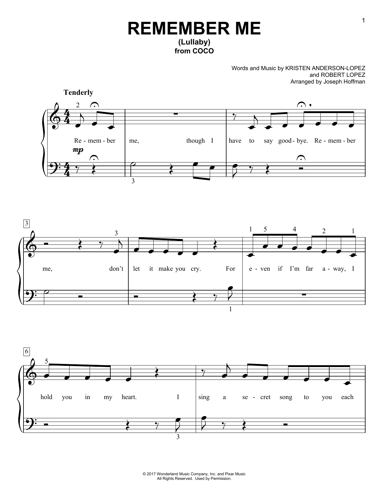Kristen Anderson-Lopez & Robert Lopez Remember Me (Lullaby) (from Coco) (arr. Joseph Hoffman) Sheet Music