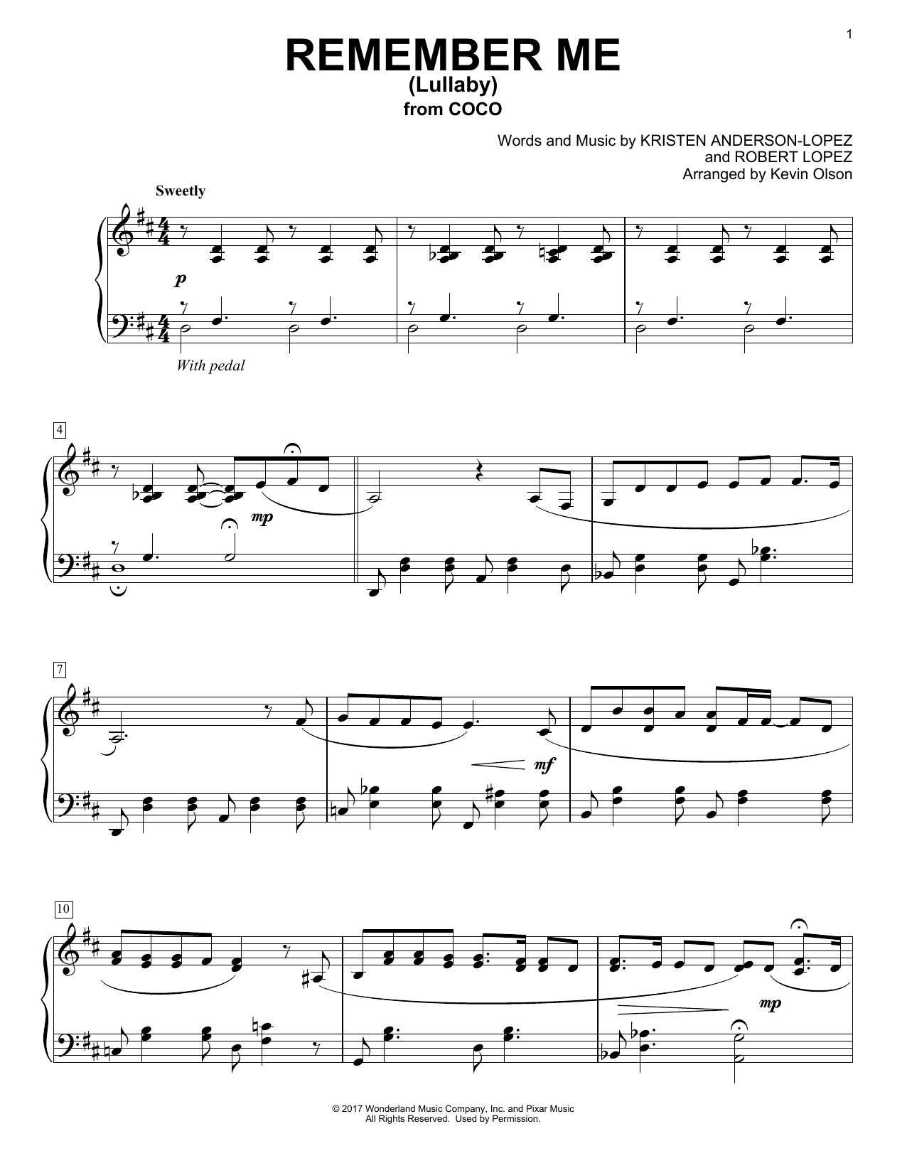 Kristen Anderson-Lopez & Robert Lopez Remember Me (Lullaby) (from Coco) (arr. Kevin Olson) Sheet Music
