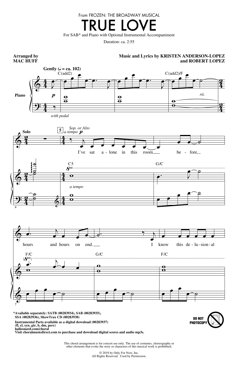Kristen Anderson-Lopez & Robert Lopez True Love (from Frozen: the Broadway Musical) (Arr. Mac Huff) Sheet Music