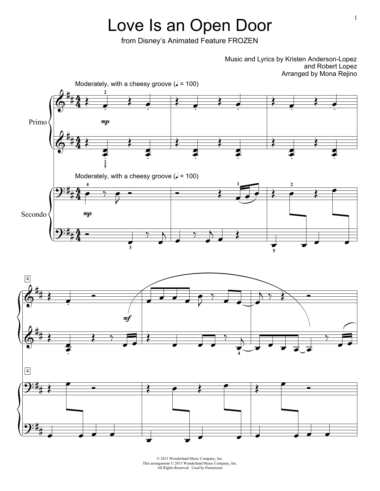 Kristen Bell & Santino Fontana Love Is An Open Door (from Frozen) (arr. Mona Rejino) Sheet Music