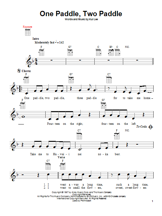 Kui Lee One Paddle, Two Paddle Sheet Music