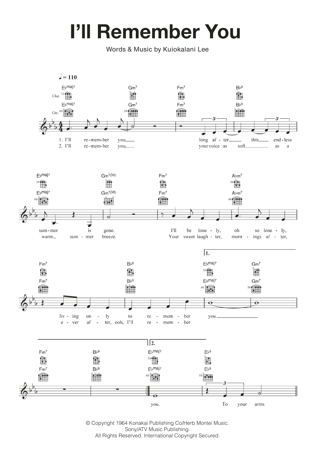 Kuiokalani Lee I'll Remember You Sheet Music