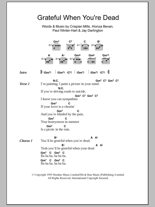 Kula Shaker Grateful When You're Dead/Jerry Was There Sheet Music