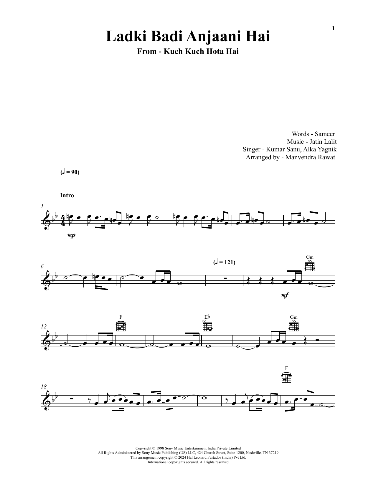 Kumar Sanu & Alka Yagnik Ladki Badi Anjaani Hai (from Kuch Kuch Hota Hai) Sheet Music