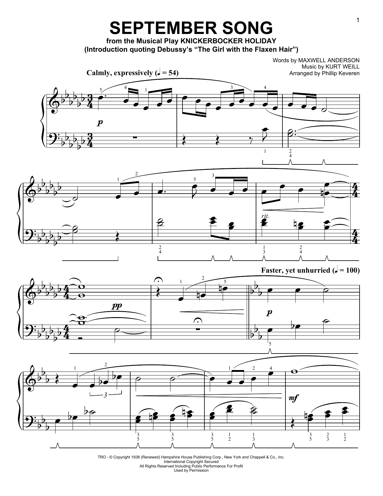 Kurt Weill September Song [Classical version] (arr. Phillip Keveren) Sheet Music