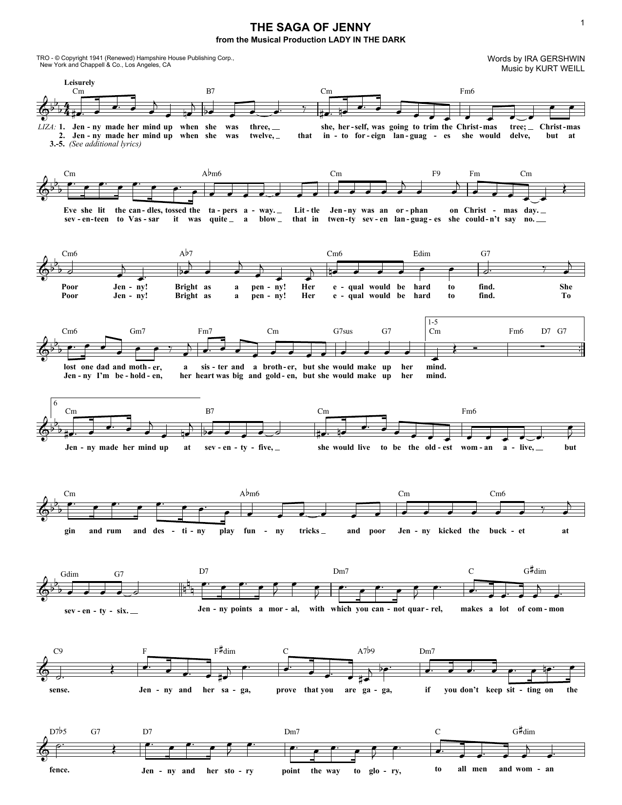 Kurt Weill The Saga Of Jenny Sheet Music