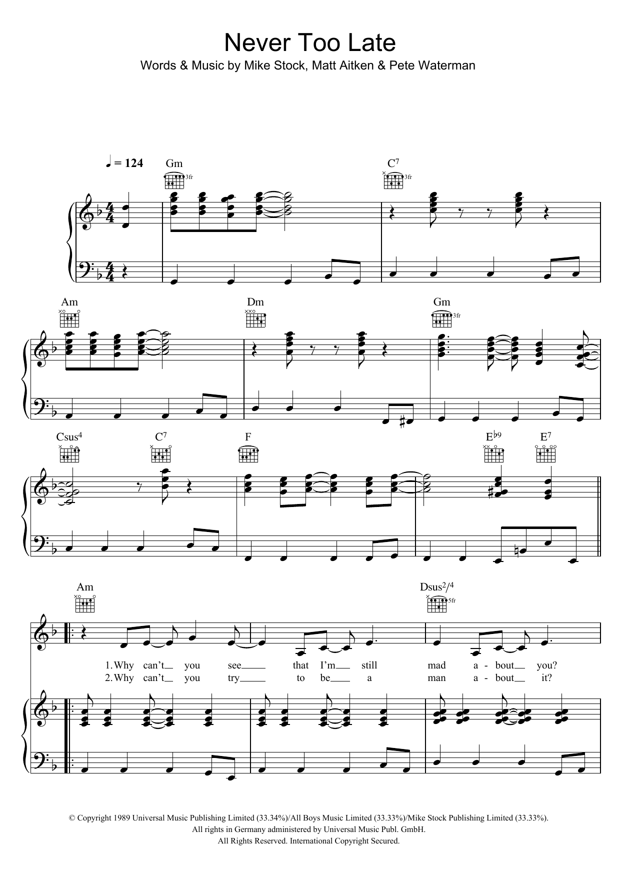 Kylie Minogue Never Too Late Sheet Music