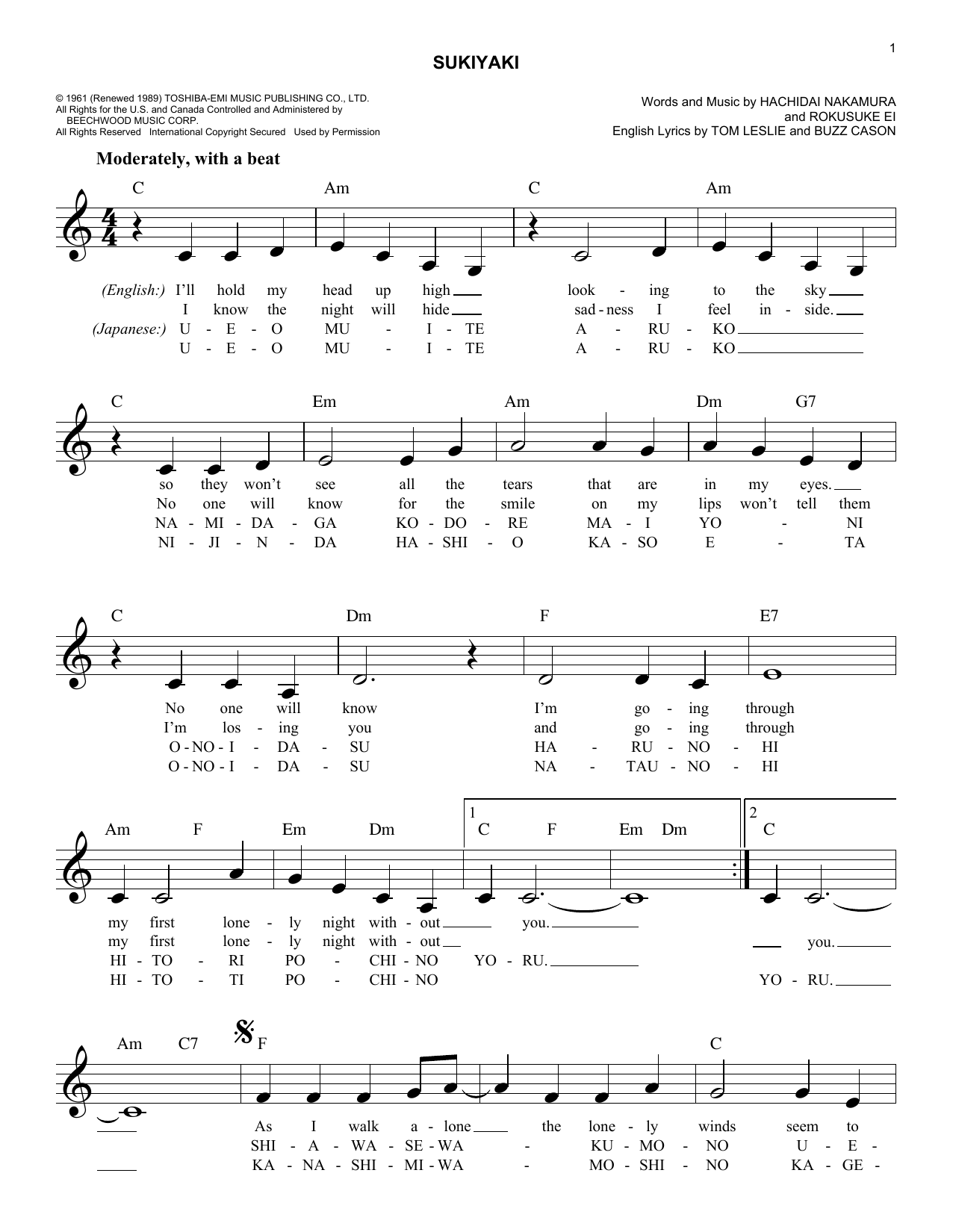 Kyu Sakamoto Sukiyaki Sheet Music