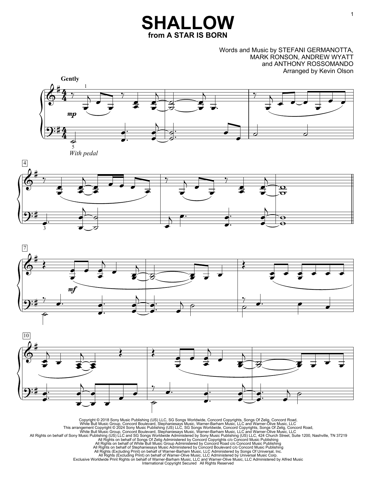 Lady Gaga & Bradley Cooper Shallow (from A Star Is Born) (arr. Kevin Olson) Sheet Music