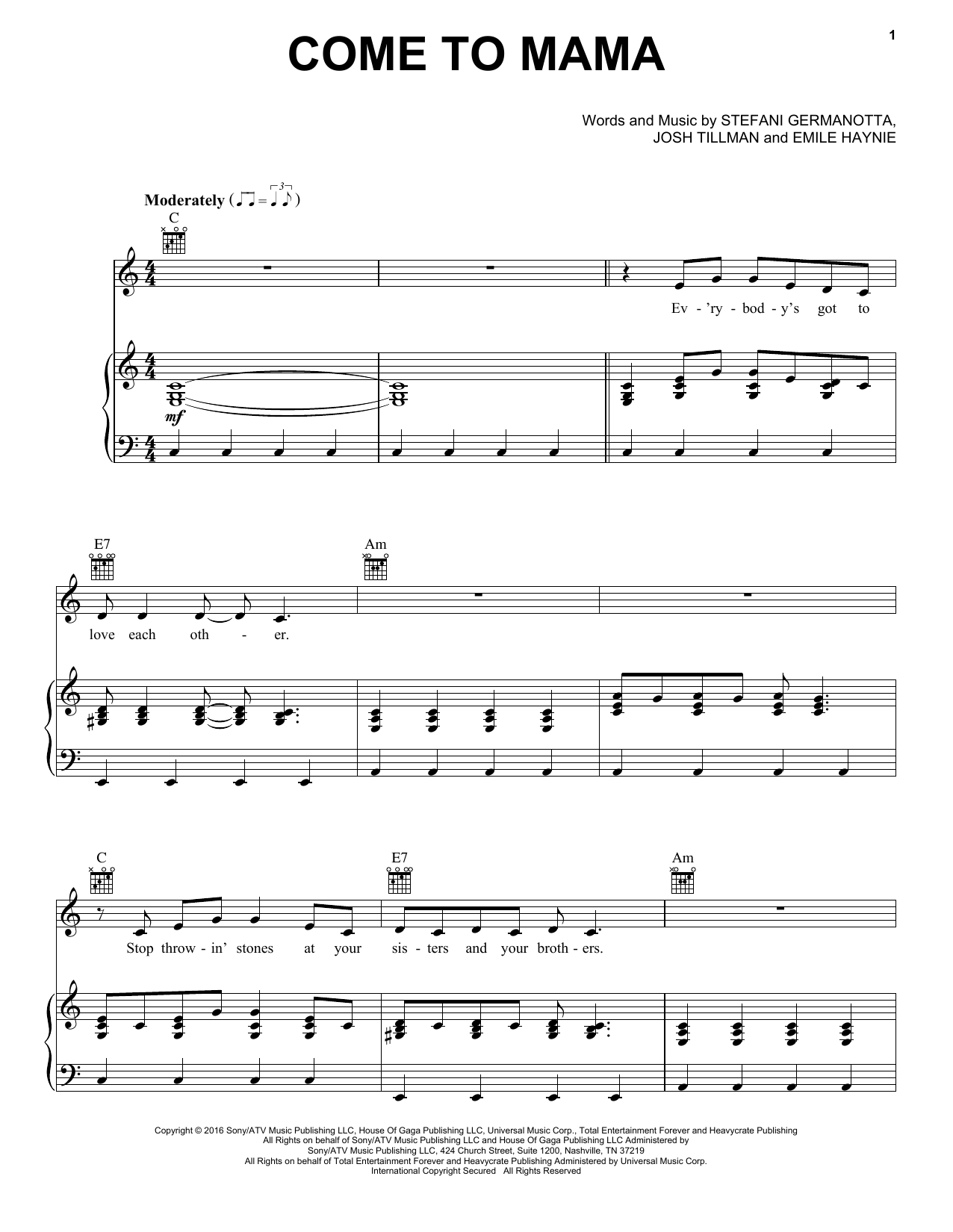Lady Gaga Come To Mama Sheet Music