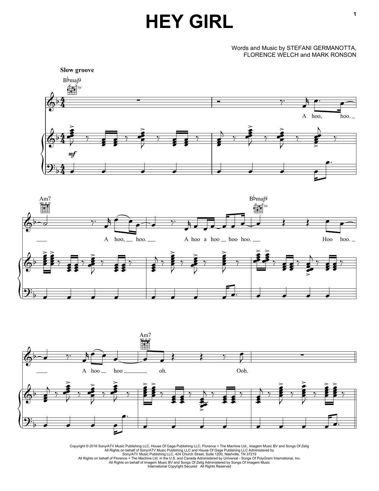 Lady Gaga Hey Girl Sheet Music