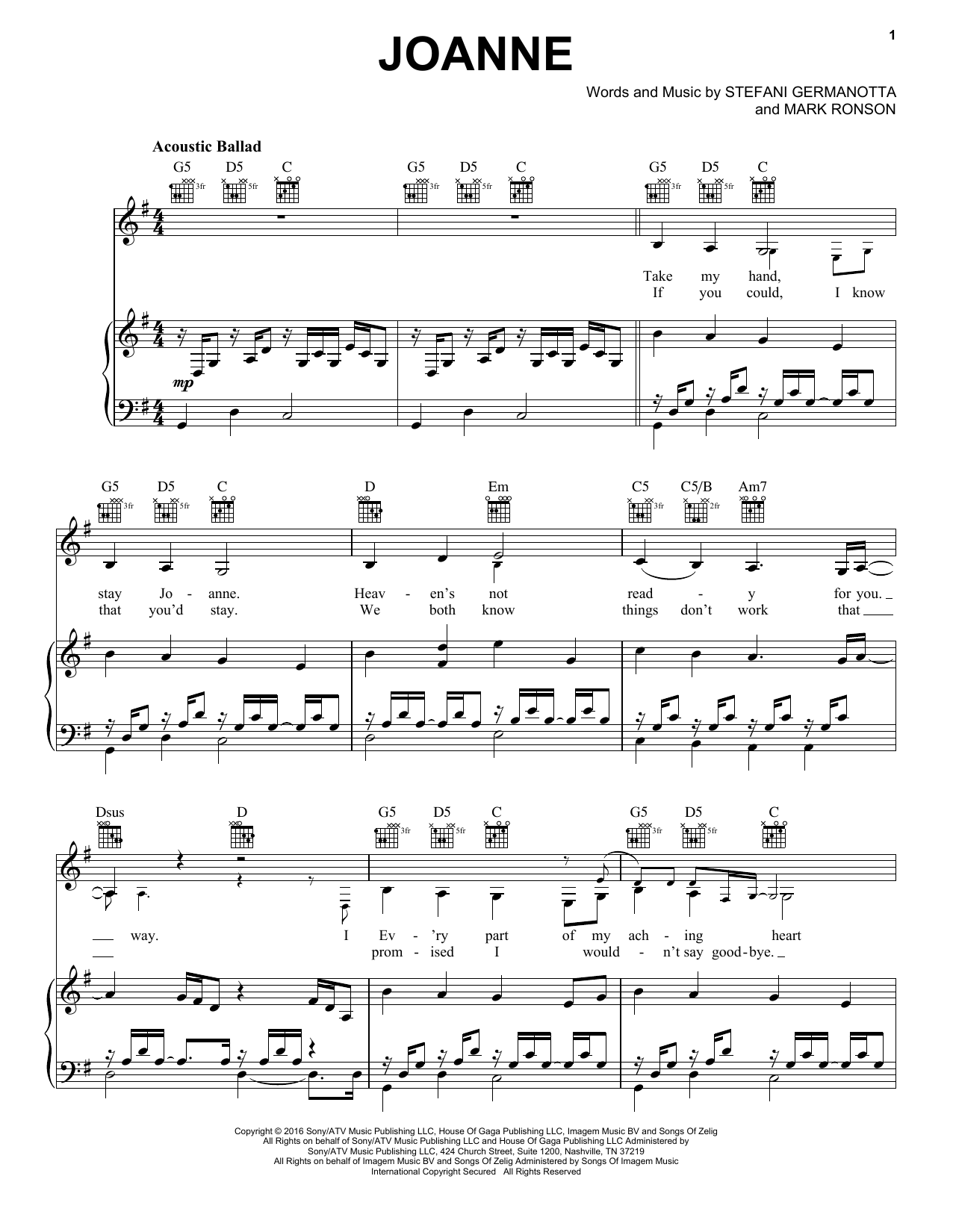 Lady Gaga Joanne Sheet Music