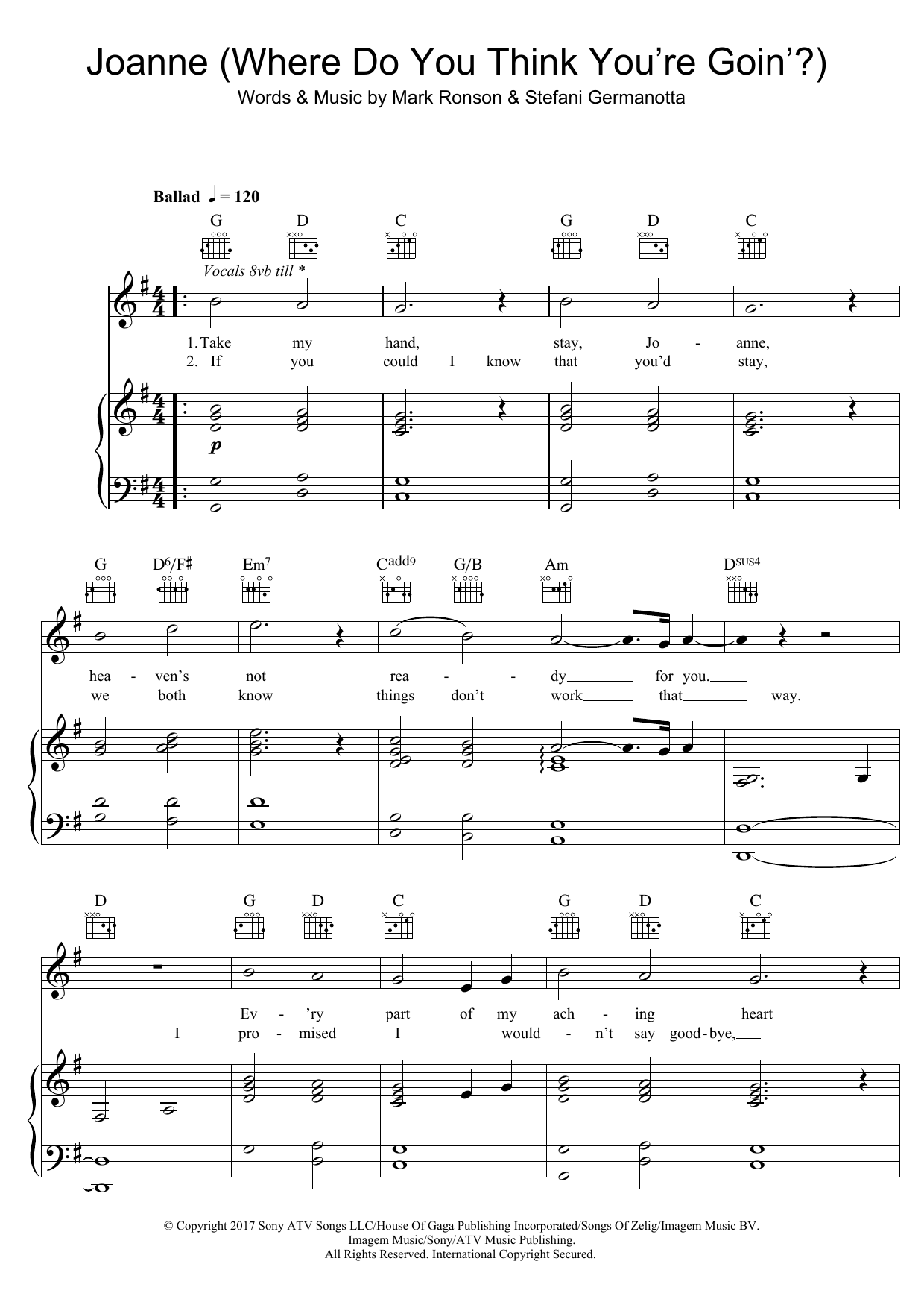 Lady Gaga Joanne (Where Do You Think You're Goin'?) (piano version) Sheet Music