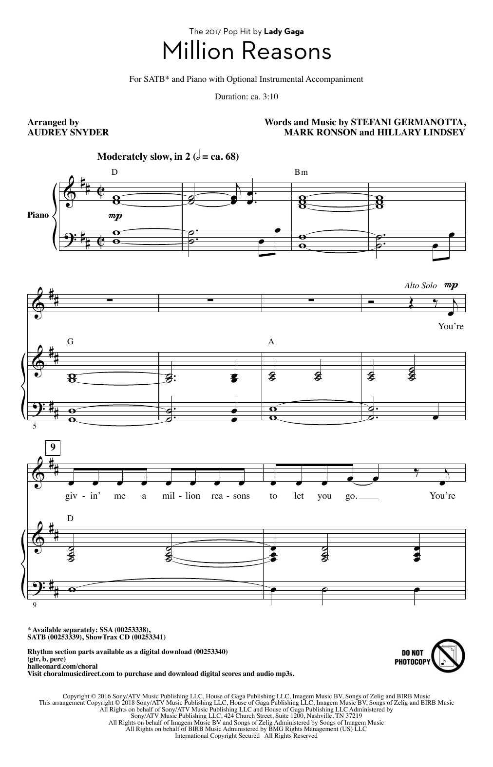 Lady Gaga Million Reasons (arr. Audrey Snyder) Sheet Music