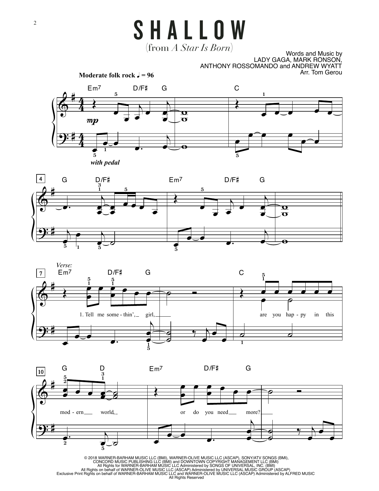 Lady Gaga Shallow (from A Star Is Born) (arr. Tom Gerou) Sheet Music