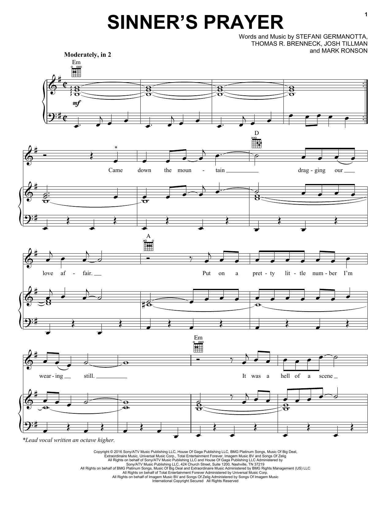 Lady Gaga Sinner's Prayer Sheet Music