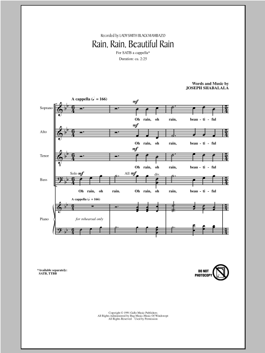 Ladysmith Black Mambazo Rain, Rain, Beautiful Rain Sheet Music