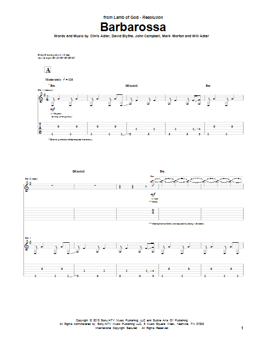 Lamb Of God Barbarossa Sheet Music