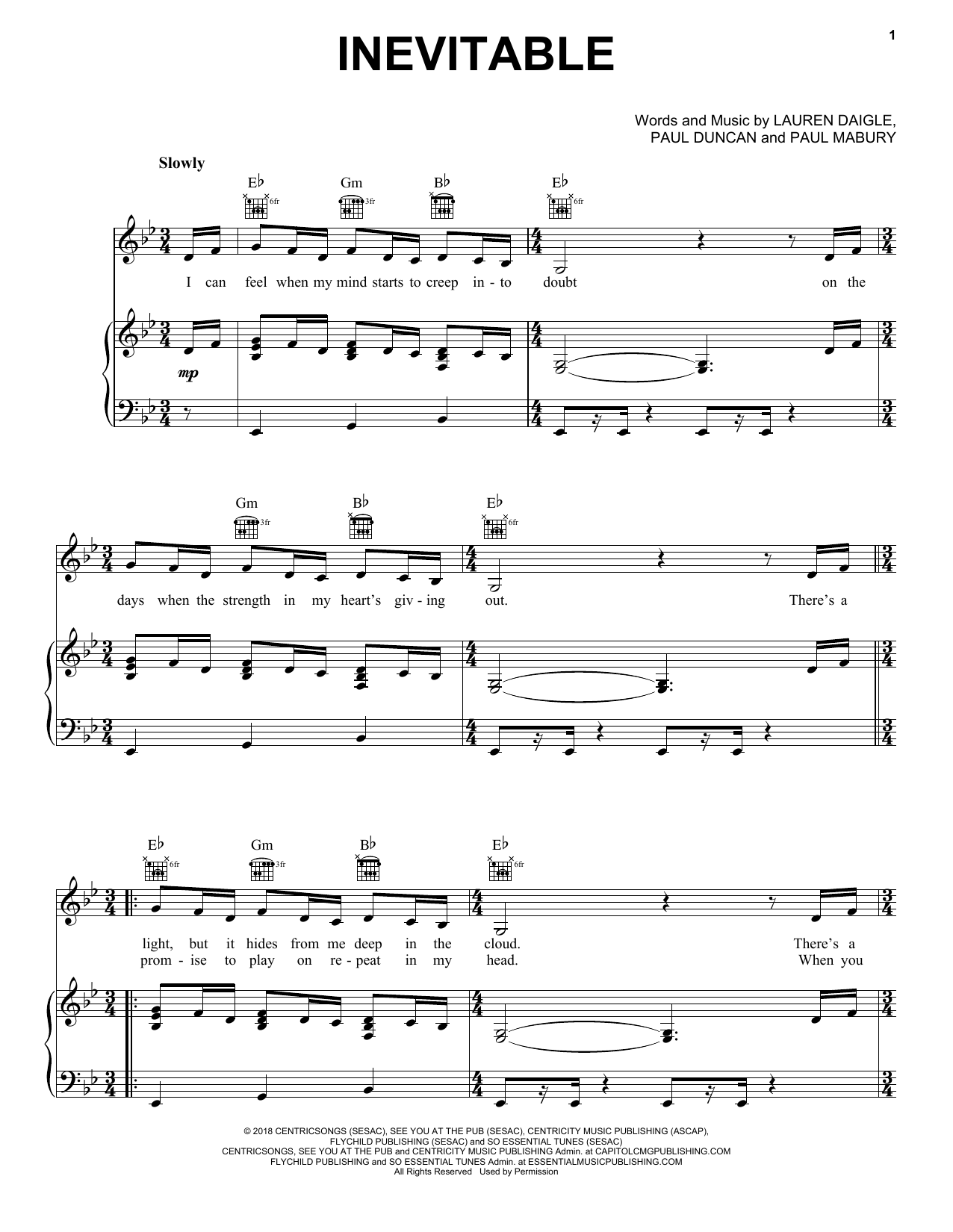 Lauren Daigle Inevitable Sheet Music