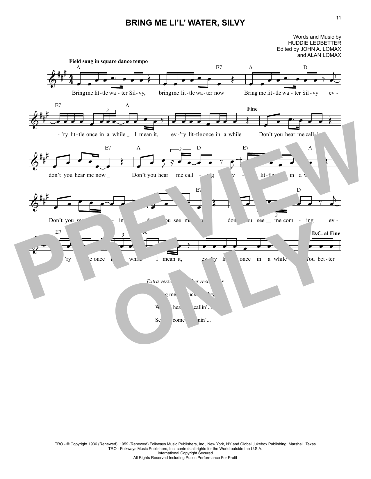 Lead Belly Bring Me Li'l' Water, Silvy Sheet Music