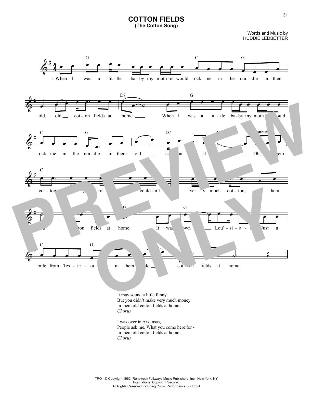 Lead Belly Cotton Fields (The Cotton Song) Sheet Music