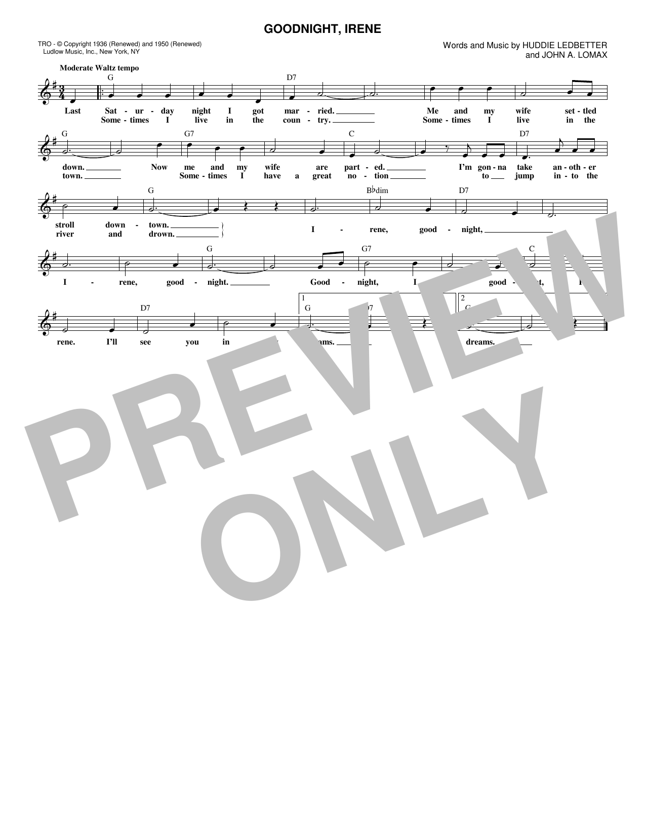 Lead Belly Goodnight, Irene Sheet Music