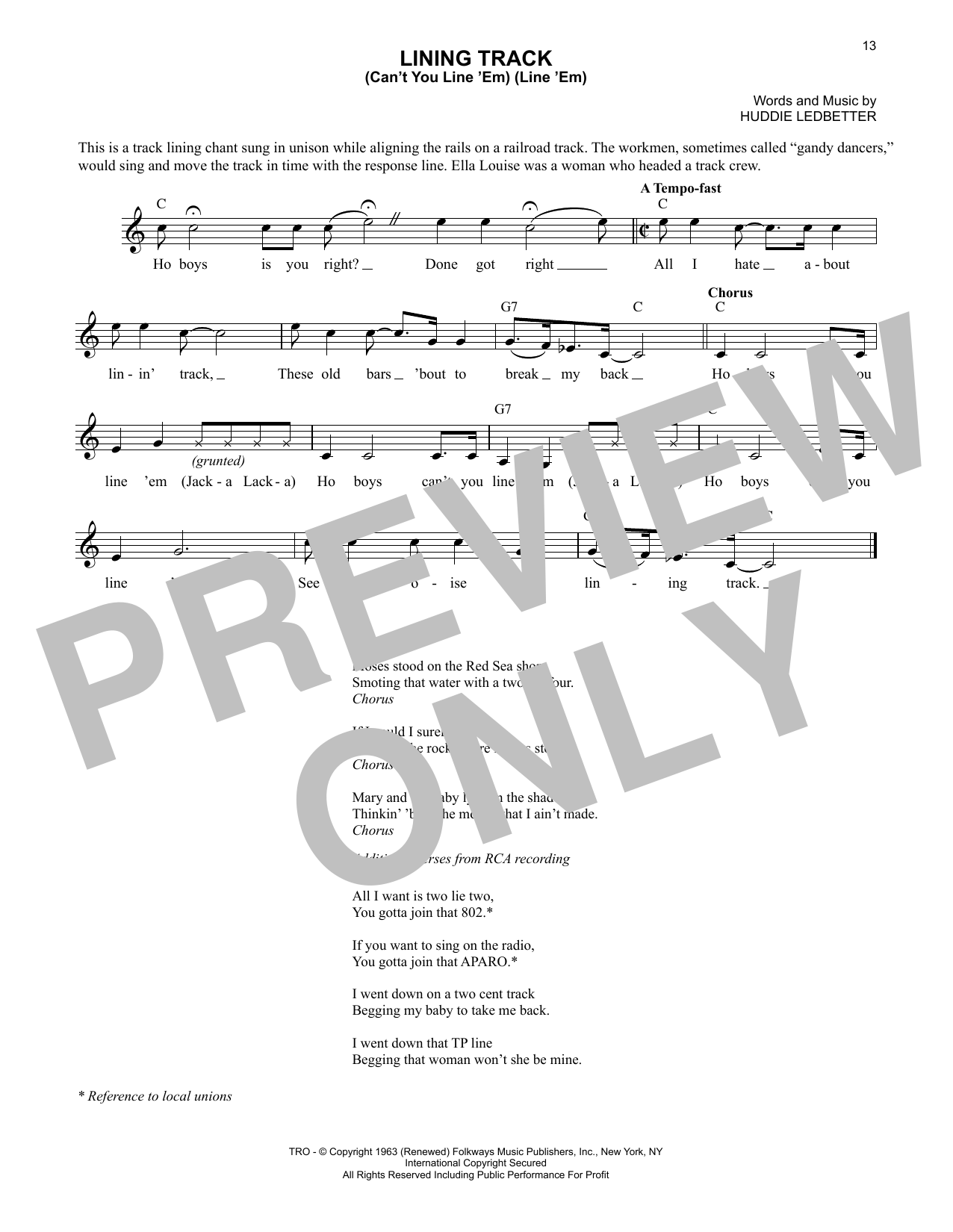 Lead Belly Lining Track (Can't You Line 'Em) (Line 'Em) Sheet Music
