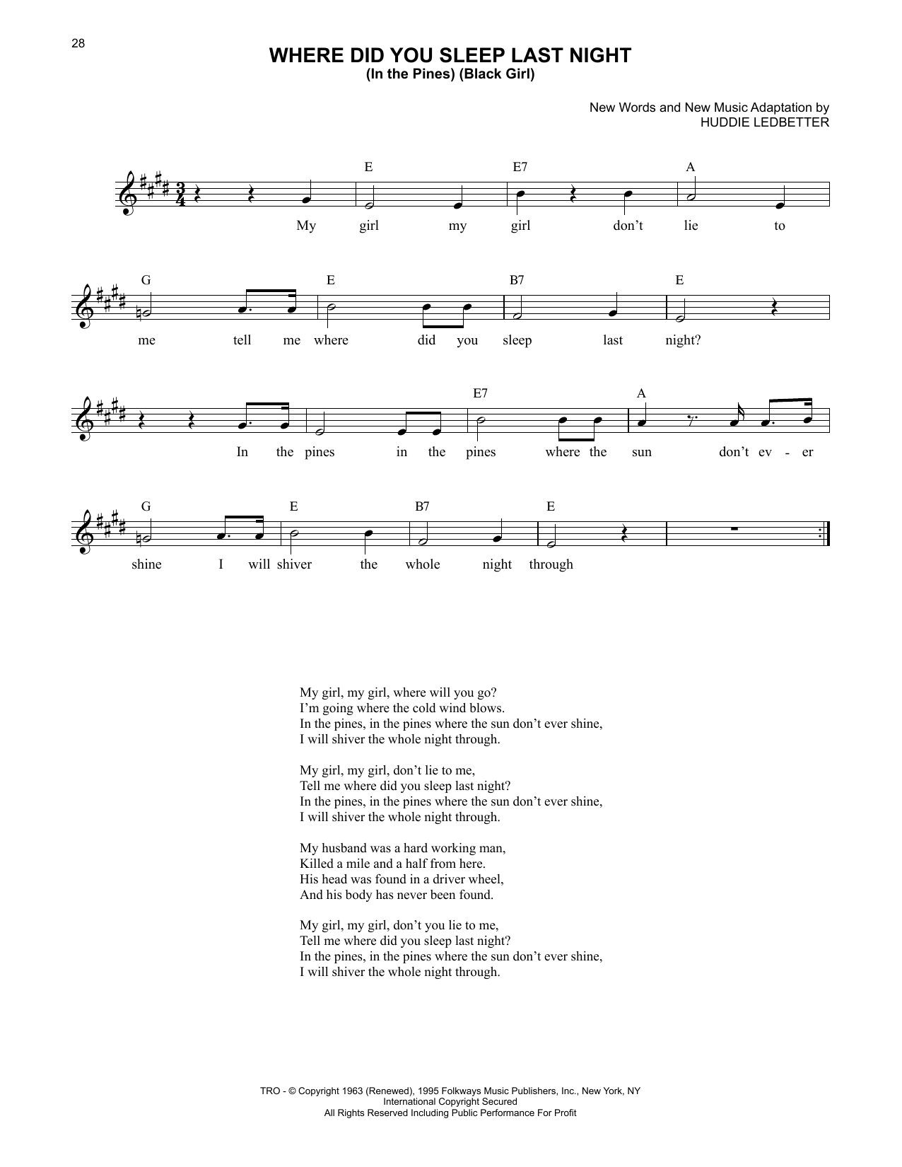 Lead Belly Where Did You Sleep Last Night Sheet Music