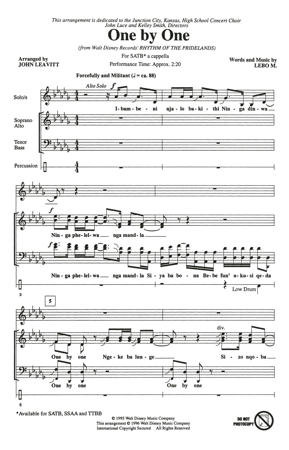 Lebo M. One By One (from Rhythm of the Pridelands) (arr. John Leavitt) Sheet Music