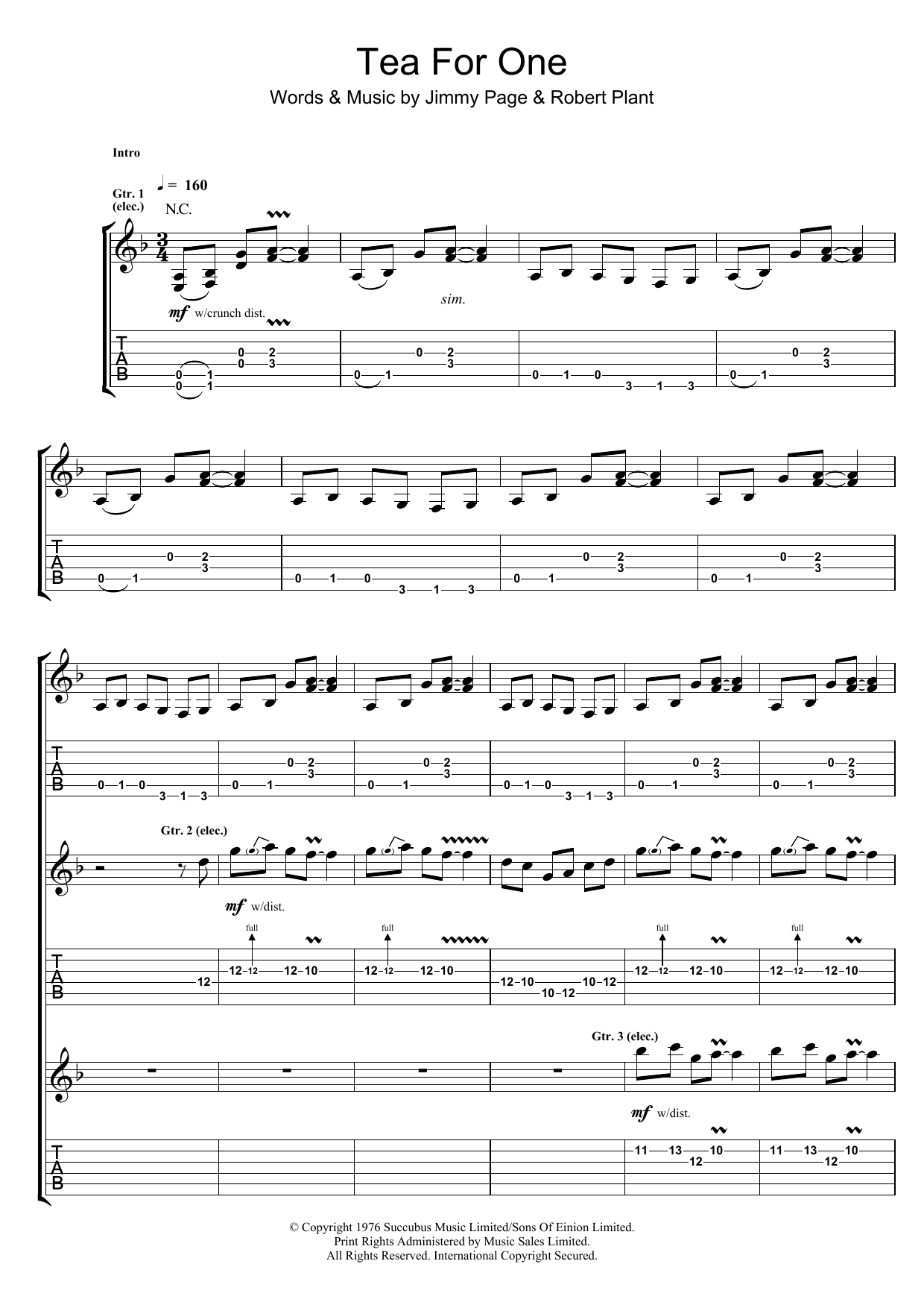 Led Zeppelin Tea For One Sheet Music