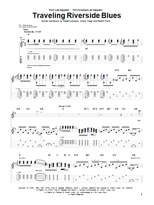 Led Zeppelin Traveling Riverside Blues Sheet Music