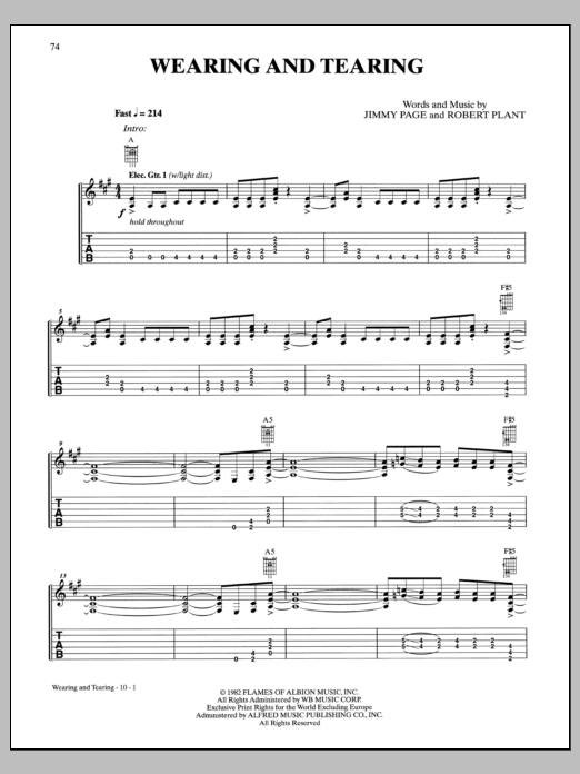 Led Zeppelin Wearing And Tearing Sheet Music