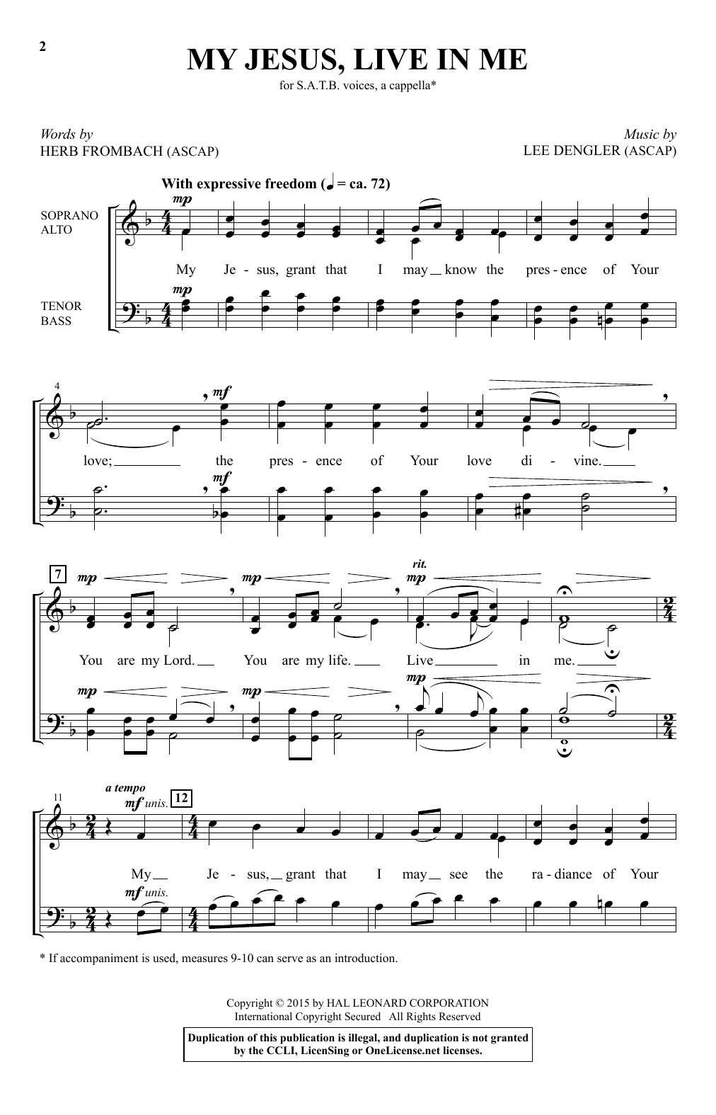 Lee Dengler My Jesus, Live In Me Sheet Music