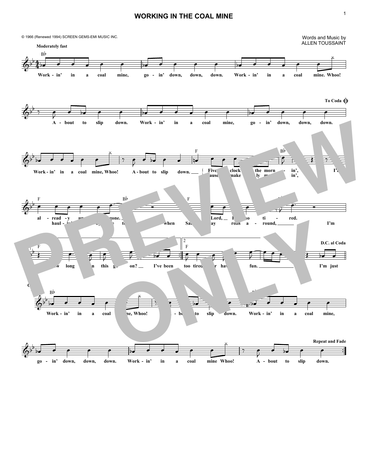 Lee Dorsey Working In The Coal Mine Sheet Music