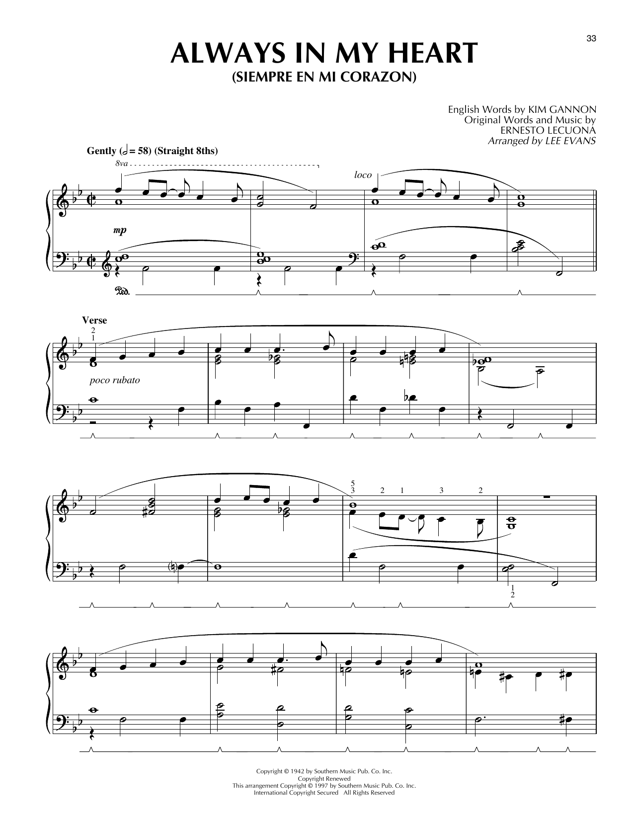 Lee Evans Always In My Heart (Siempre En Mi Corazon) Sheet Music