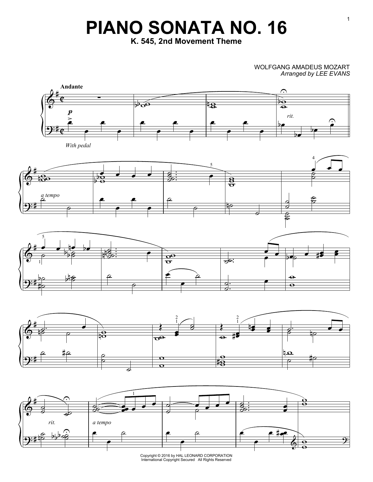 Lee Evans Piano Sonata In C Major, K.545, 2nd Movement Sheet Music