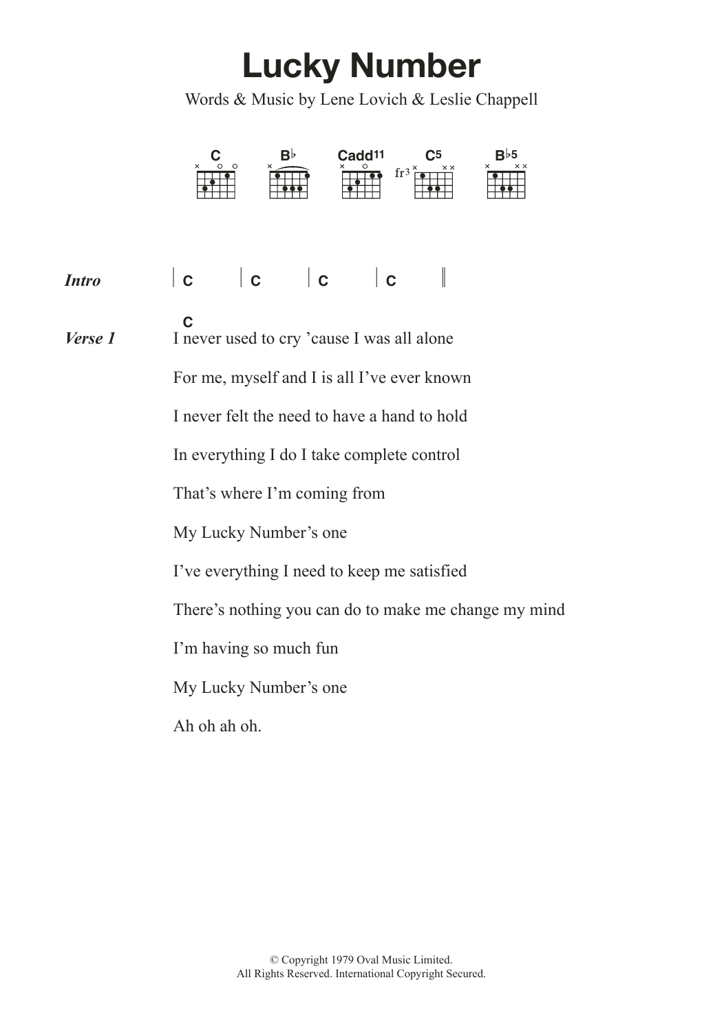 Lene Lovich Lucky Number Sheet Music