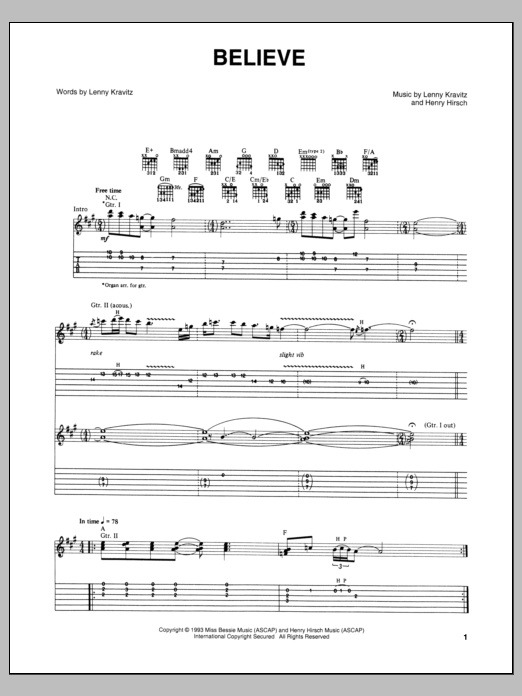 Lenny Kravitz Believe Sheet Music