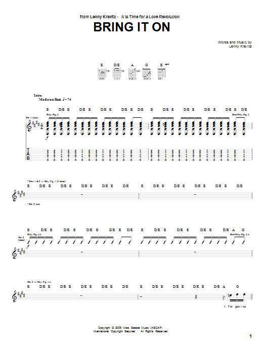 Lenny Kravitz Bring It On Sheet Music