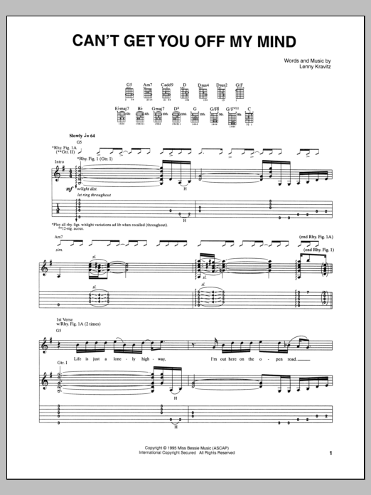 Lenny Kravitz Can't Get You Off My Mind Sheet Music