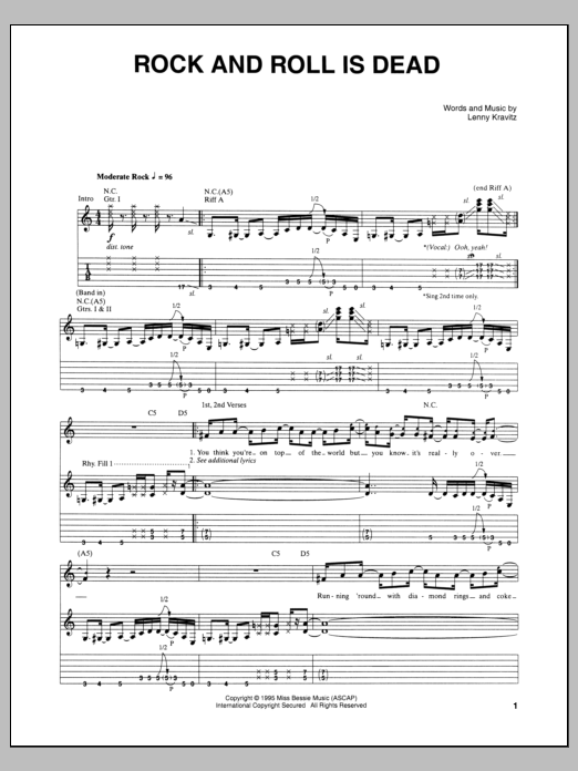Lenny Kravitz Rock And Roll Is Dead Sheet Music