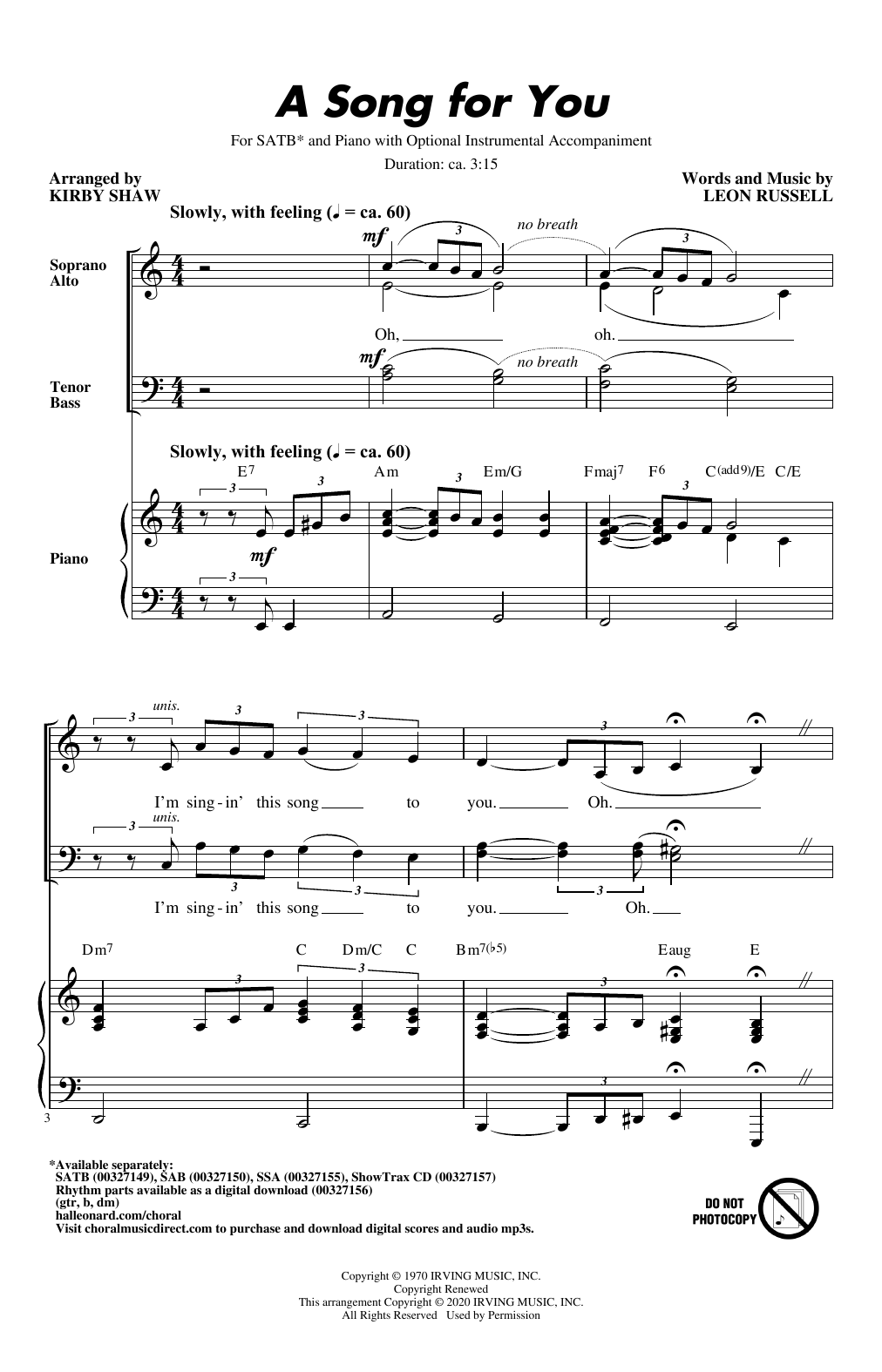 Leon Russell A Song For You (arr. Kirby Shaw) Sheet Music