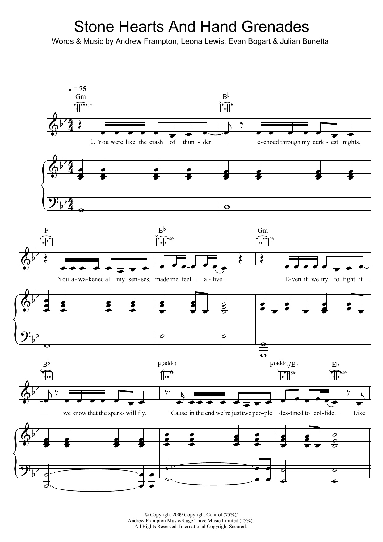 Leona Lewis Stone Hearts And Hand Grenades Sheet Music