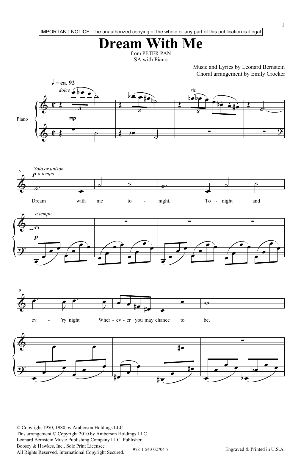 Leonard Bernstein Dream With Me (from Peter Pan Suite) (arr. Emily Crocker) Sheet Music